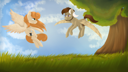 Size: 1920x1080 | Tagged: safe, artist:chickenbrony, oc, oc only, oc:megan rouge, oc:novich, pegasus, pony, colt, day, detailed background, female, green eyes, male, redhead, scenery, shipping, smiling, tree, violet eyes