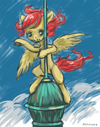 Size: 3012x3812 | Tagged: safe, artist:kovoranu, oc, oc only, pegasus, pony, looking at you, rooftop, solo, spread wings, waving, windswept mane, wings