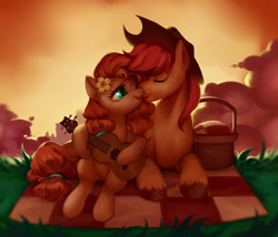 Size: 2400x2050 | Tagged: safe, artist:luciferamon, bright mac, pear butter, earth pony, pony, the perfect pear, acoustic guitar, brightbutter, couple, cowboy hat, eyes closed, featured image, female, freckles, guitar, hat, husband and wife, looking at someone, lying down, male, mare, married couple, one eye closed, open mouth, open smile, picnic, picnic blanket, prone, shipping, sitting, smiling, stallion, stetson, straight