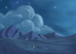 Size: 4960x3508 | Tagged: safe, artist:sgrayda, pony, unicorn, absurd resolution, cloud, desert, mountain, mountain range, night, raised hoof, scenery, sky, solo, stars