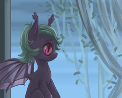 Size: 2500x2004 | Tagged: safe, artist:kovoranu, oc, oc only, bat pony, pony, colored pupils, ear fluff, female, mare, sitting, solo, spread wings, transparent wings, window, wings