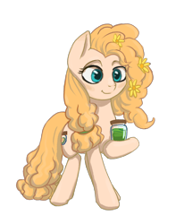 Size: 1784x2269 | Tagged: safe, artist:kovoranu, pear butter, earth pony, pony, the perfect pear, female, flower, flower in hair, hoof hold, mare, simple background, smiling, solo, transparent background