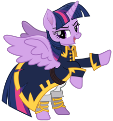 Size: 3000x3200 | Tagged: safe, artist:cheezedoodle96, twilight sparkle, twilight sparkle (alicorn), alicorn, pony, my little pony: the movie, .svg available, belt, captain, captain twilight, clothes, female, looking at you, mare, pants, pirate costume, pirate twilight, rearing, simple background, smiling, smirk, solo, spats, spread wings, svg, transparent background, uniform, vector, wings