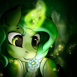 Size: 1000x1000 | Tagged: safe, artist:isorrayi, oc, oc only, pony, curved horn, female, flower, glowing horn, magic, mare, smiling, solo