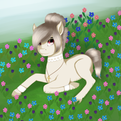 Size: 2000x2000 | Tagged: safe, artist:heniek, oc, oc only, earth pony, pony, flower, grass, jewelry, looking at you, lying down, meadow, necklace, solo