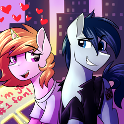 Size: 2000x2000 | Tagged: safe, artist:rubywave32, oc, oc only, oc:rhythm, earth pony, pony, unicorn, building, city, clothes, commission, duo, female, glowing horn, heart, jacket, magic, male, mare, sign, smiling, stallion, straight