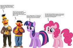 Size: 1489x991 | Tagged: safe, artist:darthraner83, derpibooru import, pinkie pie, twilight sparkle, twilight sparkle (alicorn), alicorn, earth pony, pony, bert, crossover, ernie, sesame street, simple background, transparent background