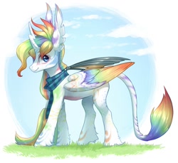 Size: 1181x1080 | Tagged: safe, artist:aphphphphp, oc, oc only, alicorn, classical unicorn, pony, alicorn oc, clothes, colored wings, leonine tail, multicolored wings, rainbow wings, scarf, simple background, solo