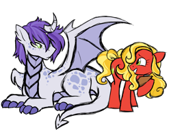 Size: 1967x1527 | Tagged: safe, artist:azure-art-wave, oc, oc only, oc:amethyst, oc:sweet bailey, dracony, earth pony, hybrid, pony, female, male, mare, offspring, parent:applejack, parent:jet set, parents:applejet, prone, simple background, transparent background