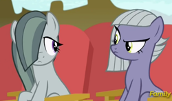 Size: 1002x594 | Tagged: safe, screencap, limestone pie, marble pie, pony, rock solid friendship, discovery family logo, looking at each other