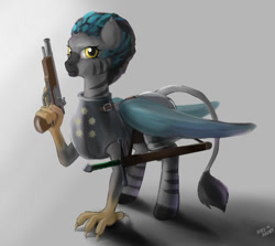 Size: 840x750 | Tagged: safe, artist:hardbrony, griffon, hybrid, zebra, armor, crossover, fantasy class, godlike, gray background, griffonized, gun, handgun, knight, paladin, pallegina, pillars of eternity, pistol, ponified, simple background, solo, species swap, sword, warrior, weapon