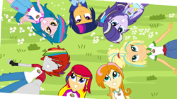 Size: 800x450 | Tagged: safe, artist:mlprocker123, oc, oc only, oc:butterfly drums, oc:cider beats, oc:elegant harmony, oc:hybrid blast, oc:lightning pie, oc:nova star sparkle, oc:sassy sunrise, equestria girls, legend of everfree, clothes, fingerless gloves, gloves, grin, offspring, parent:applejack, parent:brawly beats, parent:crimson napalm, parent:flash sentry, parent:fluttershy, parent:pinkie pie, parent:rainbow dash, parent:rarity, parent:ringo, parent:thunderbass, parent:twilight sparkle, parent:valhallen, parents:flashlight, parents:pinkiebass, parents:valshy, selfie, shipping