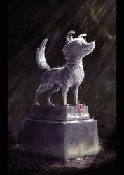 Size: 850x1200 | Tagged: safe, artist:assasinmonkey, winona, dog, pony, beautiful, collar, memorial, no pony, rain, sad, smiling, solo, statue