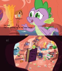 Size: 1552x1800 | Tagged: safe, screencap, spike, twilight sparkle, dragon, parasprite, swarm of the century, evil parasprite, hub logo