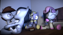Size: 3840x2160 | Tagged: safe, artist:viranimation, dinky hooves, pipsqueak, rumble, sweetie belle, 3d, cute, gay, hoof polish, kissing, male, nail polish, rumblesqueak, shipping, shocked, spin the bottle