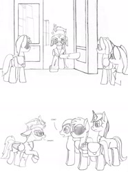 Size: 1569x2111 | Tagged: safe, artist:dsb71013, oc, oc only, oc:brisk iron, oc:night cap, oc:static signal, pony, comic, fire, monochrome, sunglasses