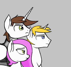 Size: 1504x1412 | Tagged: safe, artist:legionhooves, oc, oc only, alicorn, pony, alicorn oc, brother and sister, family, father, female, gray background, looking at something, male, mare, ms paint, siblings, simple background