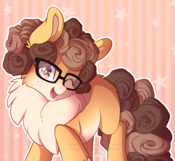 Size: 2366x2179 | Tagged: safe, artist:ginjallegra, oc, oc only, oc:gigia, earth pony, pony, curly mane, fluffy, glasses, one eye closed, solo, starry eyes, wingding eyes, wink