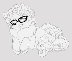 Size: 3319x2797 | Tagged: safe, artist:ginjallegra, oc, oc only, oc:gigia, earth pony, pony, curly mane, fluffy, glasses, monochrome, one eye closed, simple background, sketch, solo, wink