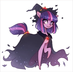 Size: 1079x1065 | Tagged: safe, artist:liliumena, twilight sparkle, alternate hairstyle, cloak, clothes, cute, grin, hat, heart eyes, jewelry, looking at you, missing horn, pendant, raised hoof, simple background, smiling, solo, tail wrap, twiabetes, white background, wingding eyes, witch hat