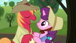 Size: 1280x720 | Tagged: safe, screencap, big macintosh, sugar belle, pony, hard to say anything, apple tree, farm, female, front knot midriff, hat, knot shirt, male, midriff, shipping, straight, sugarmac, tree