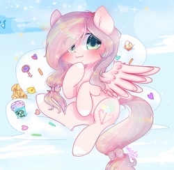 Size: 1156x1127 | Tagged: safe, artist:windymils, oc, oc only, oc:lightly candy, pegasus, pony, candy, cute, female, food, looking at you, mare, ocbetes, smiling, solo