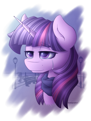 Size: 2250x3000 | Tagged: safe, artist:spirit-dude, twilight sparkle, bust, clothes, crying, portrait, scarf, simple background, solo focus, transparent background