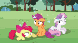 Size: 848x472 | Tagged: safe, screencap, apple bloom, scootaloo, sweetie belle, earth pony, pegasus, pony, unicorn, the cutie mark chronicles, animated, apple bloom's bow, bow, circling stars, cutie mark crusaders, derp, dizzy, female, filly, floppy ears, gif, hair bow, prone, sitting, trio, trio female