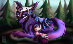 Size: 2800x1700 | Tagged: safe, artist:elmutanto, oc, oc only, oc:delly, oc:graceful motion, pony, wolf, cuddling, forest, happy