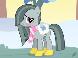 Size: 2702x2004 | Tagged: safe, artist:slb94, marble pie, blushing, boots, clothes, cute, marblebetes, saddle, scarf, snow, solo, tack, winter