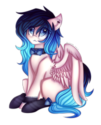 Size: 2338x2890 | Tagged: safe, artist:kurochhi, oc, oc only, pegasus, pony, :3, bowtie, choker, clothes, commission, cute, female, gradient mane, mare, ocbetes, simple background, sitting, smiling, socks, solo