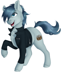 Size: 753x875 | Tagged: safe, artist:silentwulv, oc, oc only, oc:rhythm, earth pony, pony, clothes, jacket, male, open mouth, raised hoof, simple background, smiling, solo, stallion, transparent background