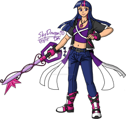 Size: 1280x1208 | Tagged: safe, artist:skydragon90, twilight sparkle, human, belly button, clothes, female, humanized, keyblade, kingdom hearts, midriff, short shirt, solo, watermark, weapon