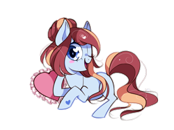 Size: 1000x753 | Tagged: safe, artist:ipun, oc, oc only, oc:gabby, earth pony, pony, blushing, female, heart eyes, looking at you, mare, one eye closed, open mouth, prone, simple background, solo, transparent background, wingding eyes, wink