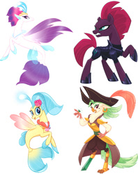 Size: 745x940 | Tagged: safe, captain celaeno, princess skystar, queen novo, tempest shadow, anthro, pony, seapony (g4), unicorn, my little pony: the movie, amputee, anthro with ponies, armor, broken horn, peg leg, pirate, prosthetic leg, prosthetic limb, prosthetics