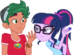 Size: 4086x3001 | Tagged: safe, artist:cloudyglow, sci-twi, timber spruce, twilight sparkle, equestria girls, legend of everfree, absurd resolution, beanie, camp everfree outfits, card, clothes, duo, female, glasses, hat, lidded eyes, looking at each other, male, ponytail, request, shirt, simple background, smiling, smirk, transparent background, vector