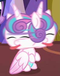 Size: 421x531 | Tagged: safe, screencap, princess flurry heart, alicorn, pony, a flurry of emotions, behaving like a dog, cropped, cute, daaaaaaaaaaaw, eyes closed, flurrybetes, funny, great moments in animation, hnnng, silly, silly pony, sitting, smear frame, solo, tongue out