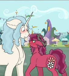 Size: 608x670 | Tagged: safe, artist:shortcake1284, oc, oc only, oc:day dreamer, oc:faith, earth pony, pony, unicorn, blushing, eye contact, female, floral head wreath, flower, looking at each other, male, mare, size difference, stallion