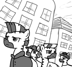 Size: 640x600 | Tagged: safe, artist:ficficponyfic, oc, oc only, zebra, building, clothes, cloud, colt quest, gang, hat, male, monochrome, sky, stallion, story included, toboggan