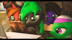 Size: 1920x1080 | Tagged: safe, artist:alcohors, oc, oc only, oc:egres ferguson, oc:nimet, oc:nina purplelicious, earth pony, pony, unicorn, 3d, book, female, mare