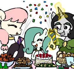 Size: 640x600 | Tagged: safe, artist:ficficponyfic, color edit, edit, oc, oc only, oc:emerald jewel, oc:hope blossoms, oc:joyride, earth pony, pony, unicorn, amulet, anniversary, apple, basket, blushing, bottle, bowtie, bread, cake, child, clothes, color, colored, colt, colt quest, cookie, cute, eyes closed, eyeshadow, female, foal, food, hair over one eye, happy, horn, makeup, male, mantle, mare, monochrome, party, ponytail, request, robe, smiling, soda, streamers