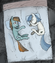 Size: 600x687 | Tagged: safe, artist:restartbob, oc, oc only, oc:mercury vapour, oc:sylvanshine, pony, bed, female, lesbian, sleeping