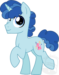 Size: 587x750 | Tagged: safe, artist:tambelon, party favor, pony, unicorn, the cutie map, blue, cute, favorbetes, happy, male, raised hoof, smiling, solo, stallion, watermark