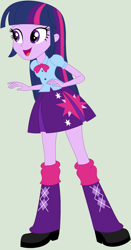 Size: 1392x2660 | Tagged: safe, artist:ra1nb0wk1tty, twilight sparkle, twilight sparkle (alicorn), alicorn, equestria girls, bowtie, clothes, cute, green background, leg warmers, open mouth, pleated skirt, shoes, simple background, skirt, solo, twiabetes