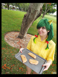 Size: 3456x4608 | Tagged: safe, artist:krazykari, apple fritter, human, absurd file size, absurd resolution, apple family member, apple fritter (food), clothes, cosplay, costume, food, irl, irl human, photo, solo, tray, tree