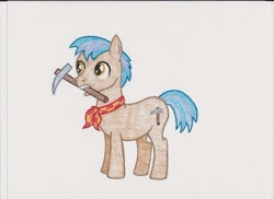 Size: 860x625 | Tagged: safe, artist:colorstreakpony, igneous rock pie, earth pony, pony, male, mouth hold, pickaxe, solo, stallion, traditional art, younger