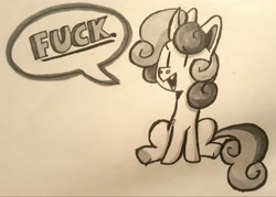 Size: 3563x2555 | Tagged: safe, artist:nerdicorn, sweetie belle, pony, unicorn, fuck, solo, traditional art, vulgar