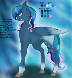 Size: 3440x3720 | Tagged: safe, artist:neonaarts, oc, oc only, oc:cosmic demise, pegasus, pony, evil grin, grin, looking at you, magical lesbian spawn, offspring, parent:oc:nightshade, parent:rainbow dash, parents:canon x oc, reference sheet, smiling, solo