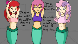 Size: 1920x1080 | Tagged: safe, artist:anonymous, derpibooru exclusive, apple bloom, scootaloo, sweetie belle, fish, human, mermaid, armpits, belly button, bondage, breasts, cutie mark crusaders, female, humanized, maiden fish, mermaidized, midriff, older, shantae, shantae: half-genie hero