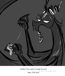 Size: 666x785 | Tagged: safe, artist:egophiliac, discord, nightmare moon, ask, dark woona, doll, filly, grayscale, monochrome, moonstuck, nightmare woon, sewing, toy, tumblr